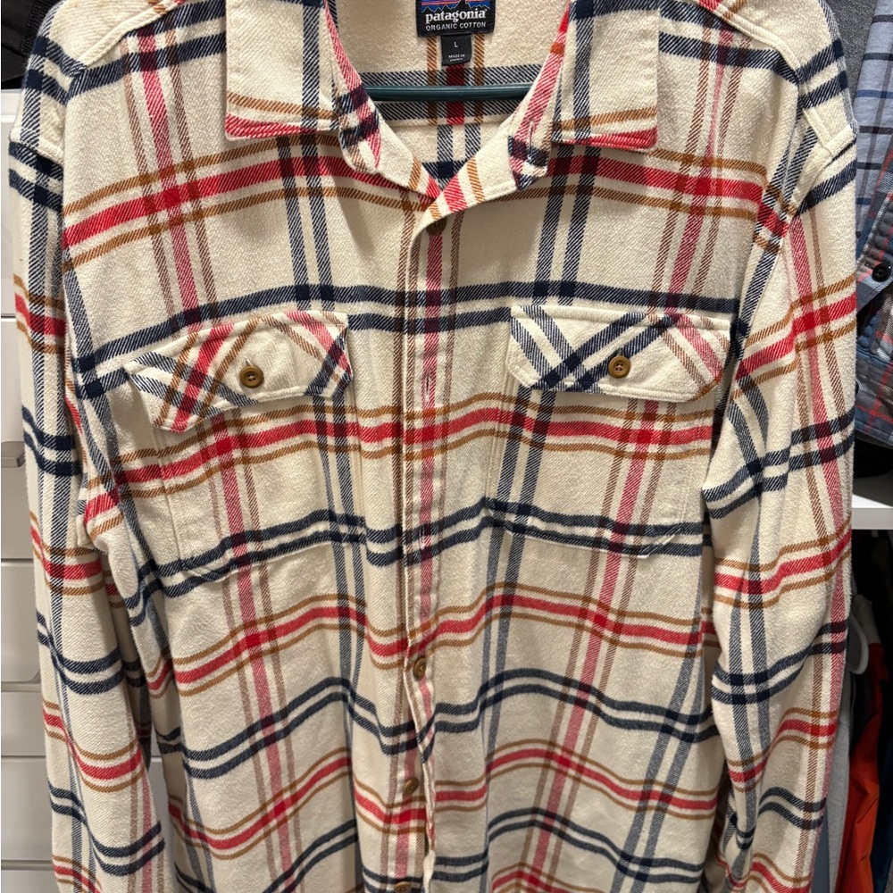 Patagonia Men's Cream Plaid Shirt with Red and Blue